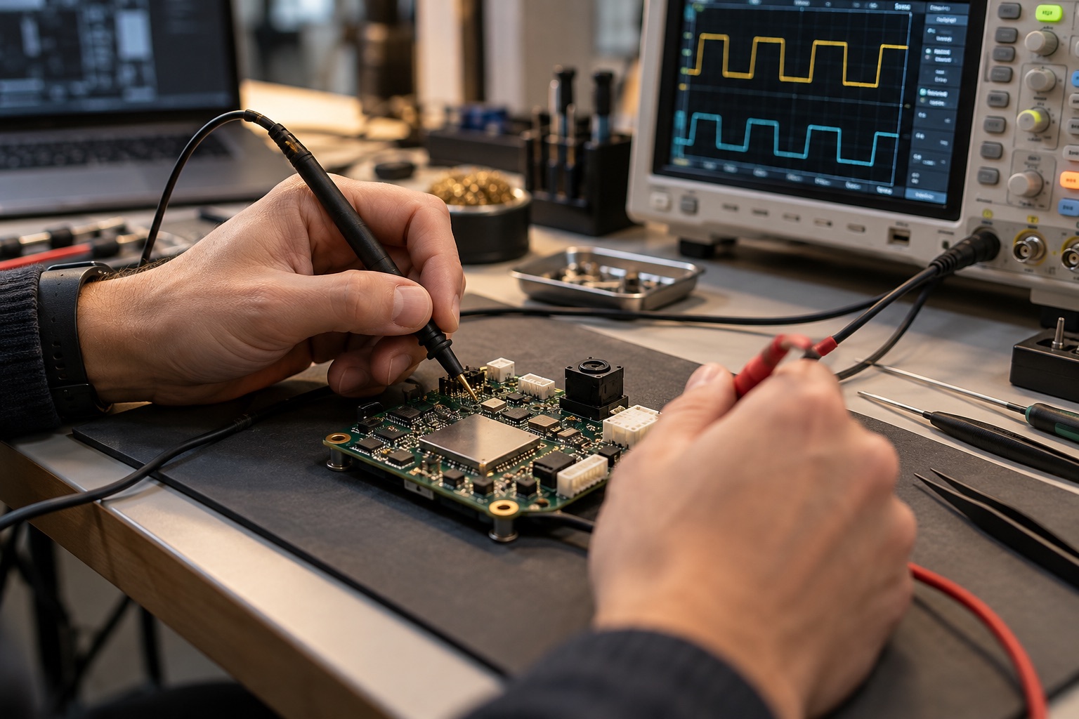 Engineer testing a circuit board with electronic measurement equipment