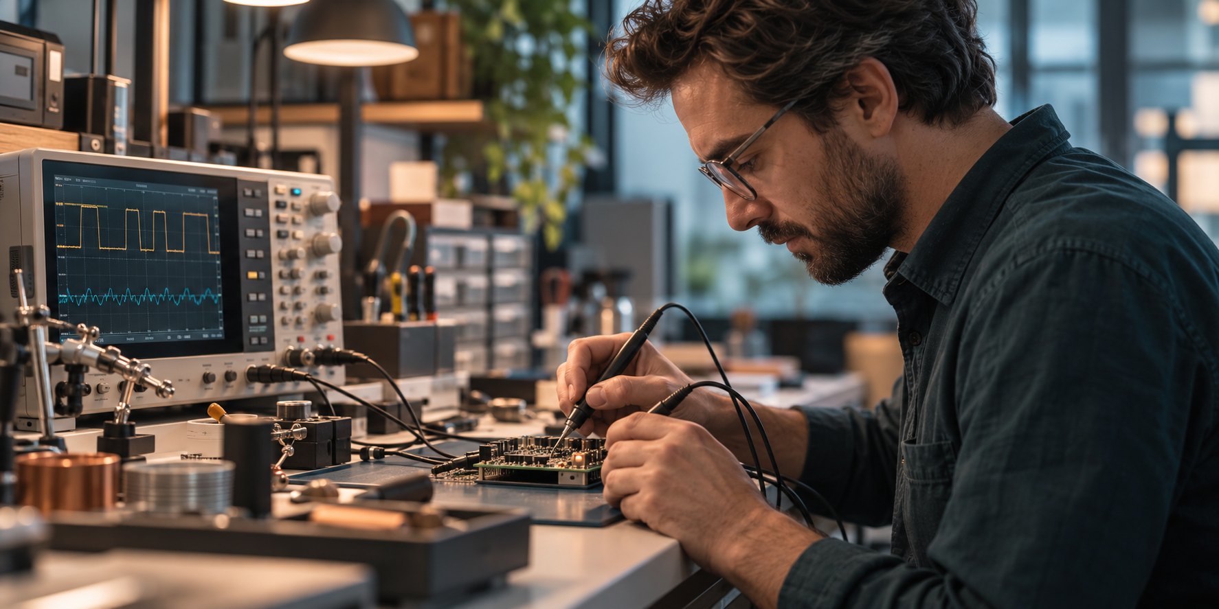 Engineer evaluating a circuit board with an oscilloscope