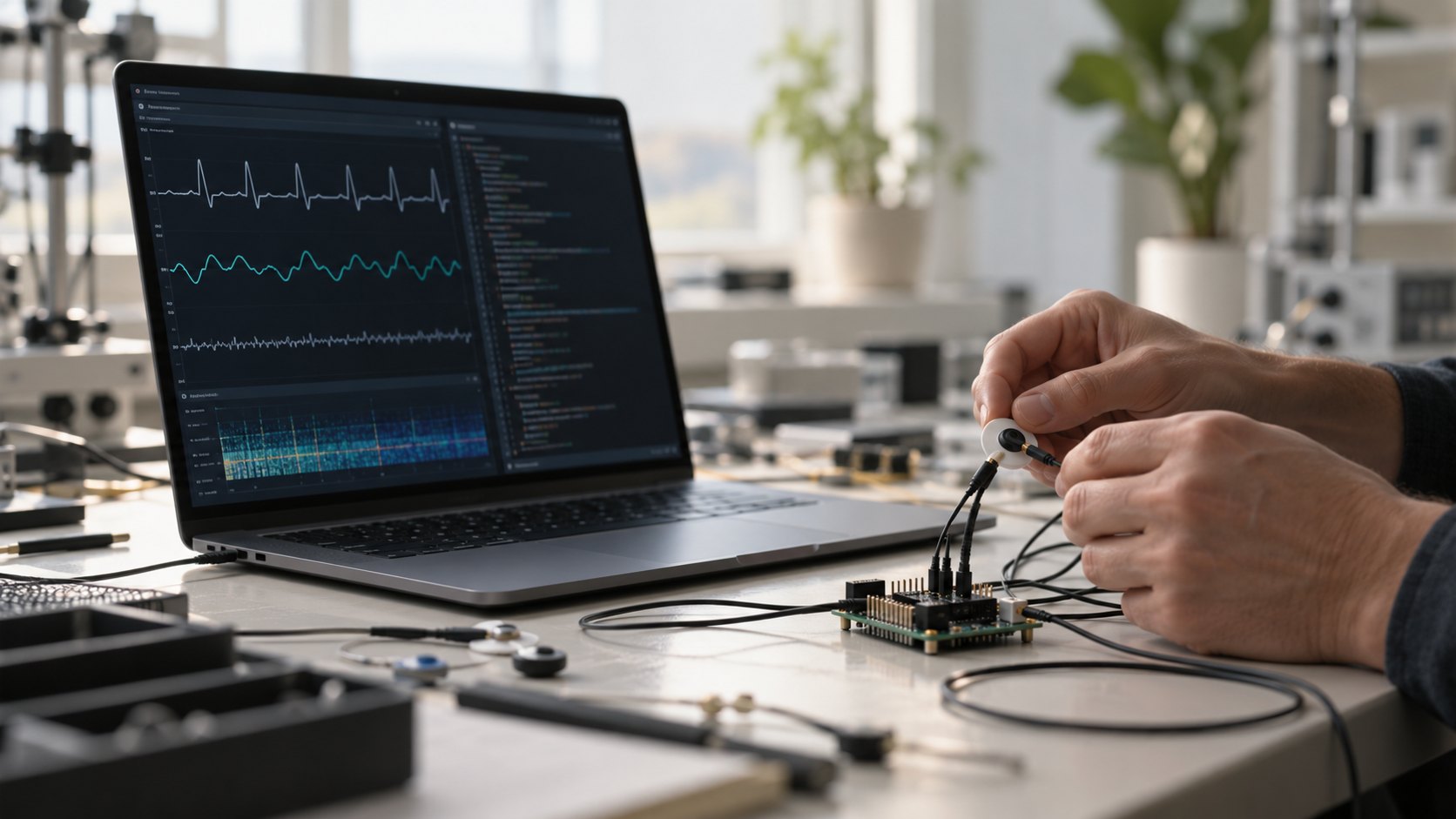 Sensor acquisition board and laptop showing an unlabeled signal visualization