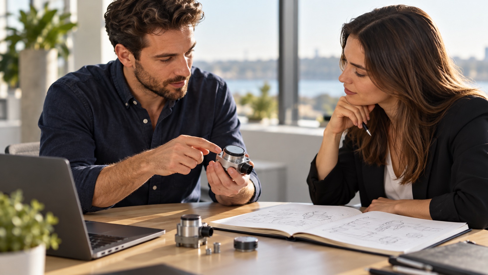 A product team reviewing a compact sensor prototype